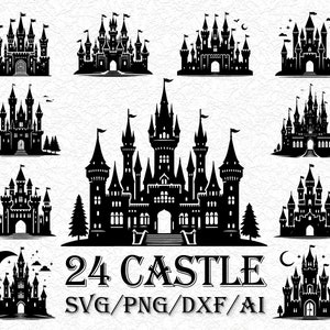24 Castelo arquivo de corte Svg, Castelo da Cinderela Svg, Castelo Mágico Svg, Silhueta do Castelo Svg, Castelo da Princesa Svg, Fada, Casa Svg, Dxf, Png