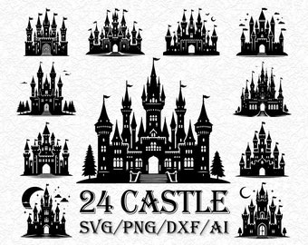 24 Castle Silhouette SVG Bundle: Cinderella, Magical, Princess (Digital Files)