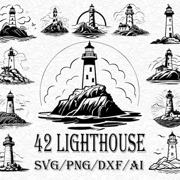 42 phare SVG, océan Svg, phare Cricut, Clipart mer, monogramme phare, Silhouette phare, phare png, téléchargement immédiat