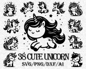 Cute Unicorn SVG Bundle, Kawaii Magic Pony Vector, Sweet Rainbow Unicorn Cut File for Cricut, Baby Girl Nursery Design, Birthday Clipart PNG