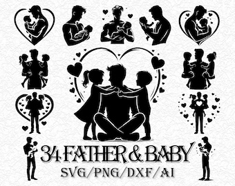 Father and Child SVG, Dad Silhouette Bundle, Father's Day SVG Cut Files | Dad holding Baby PNG, Family Love Silhouette for Cricut
