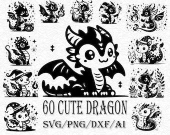 60 Cute Baby Dragon Svg & PNG Files, Fantasy Dragon Outline Clipart ...