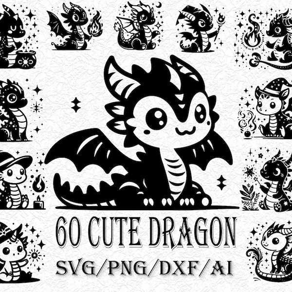 60 Cute Baby Dragon Svg & PNG Files, Fantasy Dragon outline Clipart Silhouette Vector Image, Kids Coloring Page SVG, Transparent Background