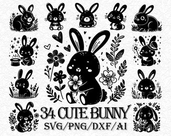 Cute Bunny SVG with Flowers, Floral Rabbit Clipart, Easter Bunny Vector for Cricut, Spring Animal Png, Kawaii Bunny Shirt Design for Kids