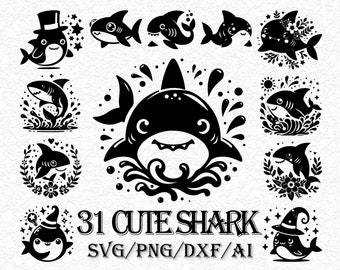 Cute Shark SVG Bundle | Baby Shark Clipart | Kawaii Ocean Animal Vector Sea Creature Cut File | Kids Summer Shirt Design | Cricut Silhouette