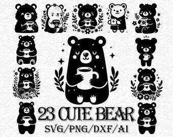 Cute Bear SVG Bundle | Coffee Bear Clipart | Bear with Mug Cut File | Valentine Bear SVG | Floral Bear PNG | Cricut Silhouette File