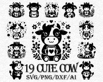 Cute Cow SVG Bundle, Coffee Cow Silhouette, Kawaii Heifer Cut Files for Cricut, Witch Cow Clipart, Cozy Animal Vector Graphics Pack
