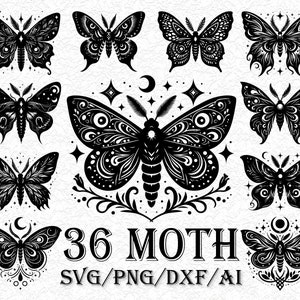 36 Moth SVG Bundle, Magic Moths Clipart, Moth PNG, Cut File for Cricut Diecut, Silhouette, Sublimation, Black Outline, Celestial clipart
