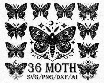 Celestial Moth SVG Bundle | Ornate Butterfly Clipart | Mystic Witchy Moth Cut Files for Cricut | Sacred Geometry SVG, Moon Phase PNG