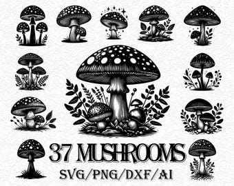 Mushroom SVG Bundle: Vintage Toadstool Clipart, Witchy Fungi (PNG DXF)