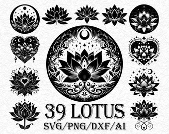 39 Lotus Flower SVG Clipart Bundle: Zentangle Silhouette (Digital Files)