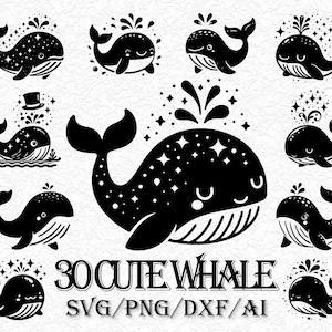 24 süße Wal-Svg, Baby-Wal svg, Wal-Schnitt-Datei, niedlicher Baby-Wal svg, Meerestier svg Wal Laser geschnitten Design Wal Vektor Silhouette Cricut