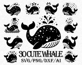 24 Cute Whale Svg, Baby Whale svg, Whale Cut File, Cute Baby Whale svg, Sea Animal svg Whale laser cut Design Whale Vector Silhouette Cricut