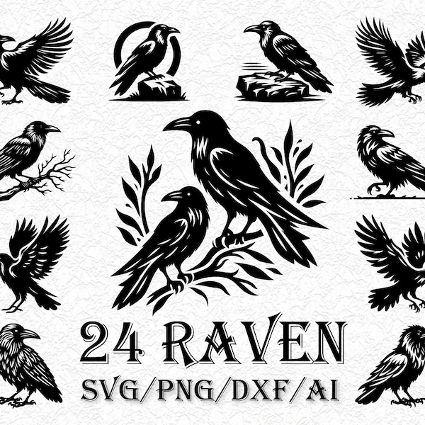 24 Raven svg, crow svg, crow silhouette, raven png, Bird Svg, Crow Silhouette, Dark Crow Svg, Crow Clipart, Raven Clipart, Halloween Spooky