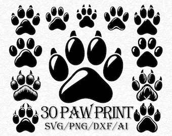 Paquete de 30 SVG de huellas de patas de perro: archivos de corte de huellas de animales