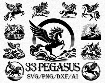 Bundle Pegasus SVG, fichiers coupés cheval ailé, Silhouette de licorne volante mythique, Clipart Celestial Fantasy, vecteur de cheval magique Cricut