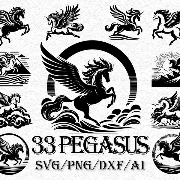 33 Pegasus Svg, Flying Horse Svg, Prancing Horse Svg. Vector Cut file for Cricut, Silhouette, Stencil, Pdf Png Eps Dxf, Decal, Sticker Decal