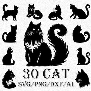 Op de afbeelding: Een set van 30 zwarte katten silhouet illustraties. De katten zijn in verschillende poses, waaronder zittend, staand en liggend. De tekst "30 CAT SVG/PNG/DXF/AI" staat onderaan de afbeelding.
