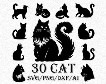 Cat Silhouette SVG Bundle, Black Cat Cut File for Cricut, Cat Mom Shirt Design, Cute Kitty Clipart, Feline Vector, Layered PNG dxf EPS