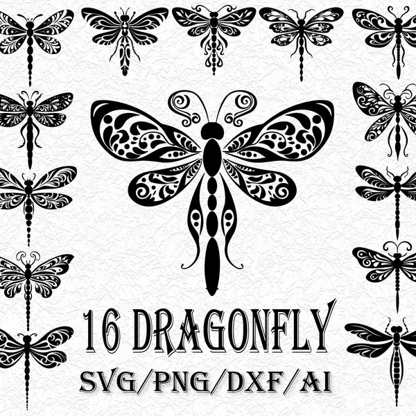 16 Dragonfly SVG, Dragonfly Bundle SVG Files, Dragonfly PNG, Dragonfly Files for Cricut, Dragonfly Clipart, Dragonfly Svg, Silhouette