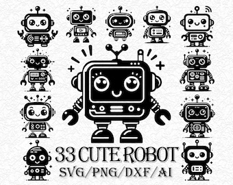 Cute Robot SVG Bundle, Kawaii Robot Clipart, Cartoon Cyborg SVG, Silhouette Cricut Cut Files, Kids Robot Vector PNG, Digital Download