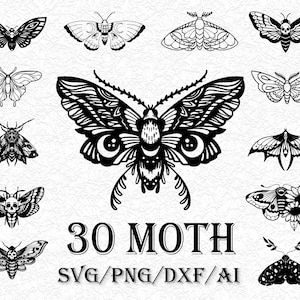 30 Moth SVG, Moths Clipart, Moth PNG, Moth SVG Bundle, Moth Line Drawing, Cut File for Cricut,  Silhouette, Logo, Sublimation, Black Outline