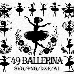 Peut inclure: Un ensemble de 49 fichiers de découpe SVG de ballerines en silhouette noire. Les ballerines sont dans différentes poses, certaines avec des couronnes de fleurs et des cœurs. Le texte "49 Ballerina SVG/PNG/DXF/AI" est en bas de l'image.