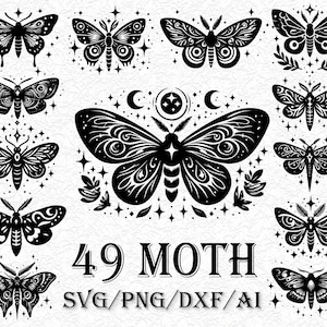 49 Moth SVG Bundle, Moths Clipart, Moth PNG, Moth Line Drawing, Cut File for Cricut Diecut, Silhouette, Logo, Sublimation, Black Outline,