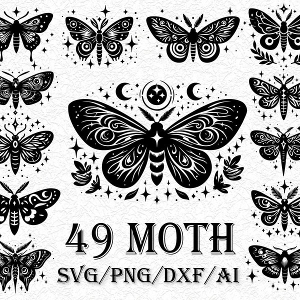 49 Moth SVG Bundle, Moths Clipart, Moth PNG, Moth Line Drawing, Cut File for Cricut Diecut, Silhouette, Logo, Sublimation, Black Outline,