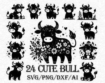 Cute Cow SVG Bundle | Baby Bull Silhouette Cut File for Cricut | Kawaii Calf Clipart | Magical Animal Vector | Kids Sublimation Design