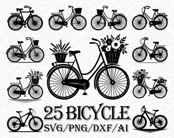 Bicycle SVG Bundle, Vintage Bike Cut Files, Flower Basket Bicycle Silhouette, Mountain Bike Clipart, Cycling Vector Design Cricut