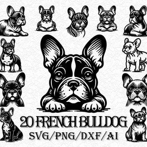 Pacote de 20 clipart SVG e PNG de Bulldog Francês: Arte de linha digital, desenho vetorial minimalista de cachorro para sublimação, amante de cachorro, download digital