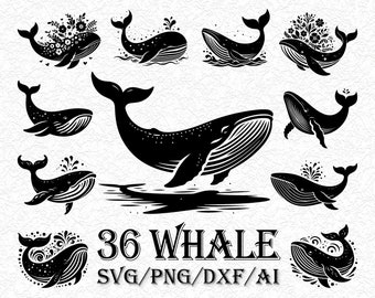Whale SVG Bundle, Ocean Whale Cricut Silhouette, Sea Life Clipart PNG, Humpback Whale Cut Files, Nautical Animal DXF Vector, Marine Life