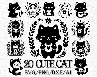 Cute Kitten with Coffee Mug SVG, Kawaii Cat Cut File for Cricut, Cozy Kitty Clipart, Cat Lover Gift Design, Coffee Time Vector, Digital Art