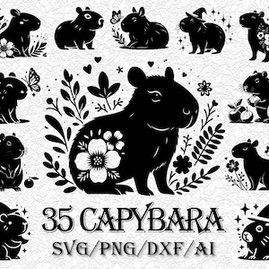 May include: A set of 35 black and white silhouette images of capybaras in various poses. The images include capybaras with hats, flowers, and other decorative elements. The text "35 Capybara SVG/PNG/DXF/AI" is at the bottom of the image.
