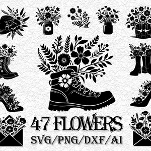Wildflower SVG-bundel, bloemen in boot mok pot, bloemen clipart png, botanische snijbestanden voor de Cricut, Cottagecore silhouet, bloemen vector