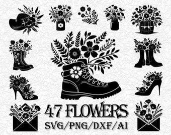 Wildflower SVG Bundle, Flowers in Boot Mug Jar, Floral Clipart PNG, Botanical Cut Files for Cricut, Cottagecore Silhouette, Floral Vector