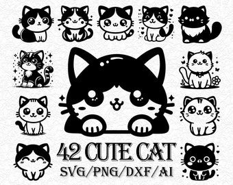 42 süße Katze SVG Bundle, Katzengesicht SvG, Katzensilhouette für Cricut, Katzenkopf SVG, Kätzchen SvG, Katzenliebhaber SVG, süß spähen Clipart, Katzendesign