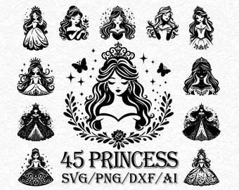 Princess SVG Bundle, 45 Fairy Tale Princess Silhouette Designs, Fantasy Queen Clipart, Crown Princess Cut Files, Cricut PNG Vector Pack