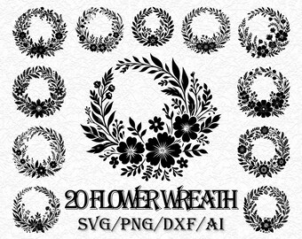 Floral Wreath SVG Bundle, Flower Frame SVG for Cricut, Botanical Laurel Wreath Cut File, Monogram Frame SVG, Wedding Silhouette Clipart