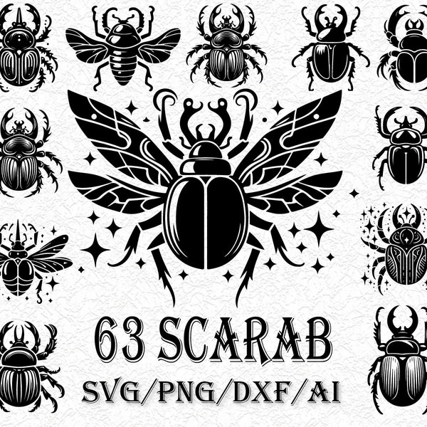 63 Scarabée SVG, clipart scarabée, scarabée SVG Bundle, dessin au trait scarabée, fichier de coupe pour Cricut, Silhouette, logo, sublimation, contour noir