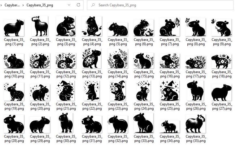 May include: A set of 35 black and white digital illustrations of capybaras in various poses and settings. The capybaras are depicted in a cartoon style and include images of capybaras wearing hats, holding flowers, and swimming.