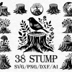 38 Tree Stump SVG | Forest Nature Clipart | Botanical Woodcut Silhouette | Rustic Woodland Design | Digital File for Cricut & Laser Cutting