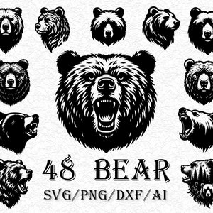 Lot de 48 ours SVG, Silhouette d'ours, maman ours svg, svg tête d'ours, png ours, ours coupé fichiers, grizzly svg, fichier découpé au laser svg animal de la forêt
