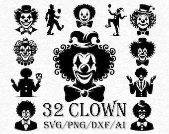 Clown SVG Bundle | Creepy Clown Silhouette Cut Files | Circus Jester Vector | Carnival Clipart | Halloween Cricut File | Commercial Use