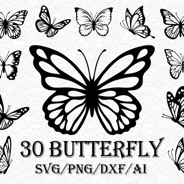 30 Butterfly SVG Bundle, Butterfly Clipart, Butterfly PNG, Cut File for Cricut, Silhouette, Logo, Sublimation, Black Outline