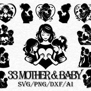 33 ママと子供 svg バンドル、赤ちゃんを抱きしめる母親 svg、png、pdf、jpg、花柄のママ svg、花で赤ちゃんを抱く母親 svg、即時ダウンロード