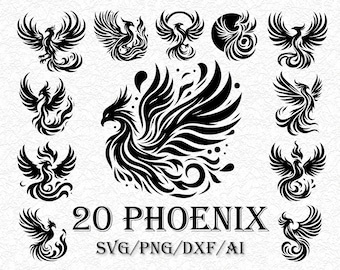 Phoenix SVG Bundle, Rising Phoenix SVG, Mythical Firebird Silhouette, Phoenix Tattoo Clipart, Vector Cut File for Cricut Silhouette