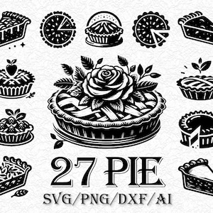 May include: Black and white illustration of 27 pie designs, including whole pies, slices, and individual tarts. The pies feature various toppings and crust designs, with a large pie topped with a rose. Text reads "27 PIE" with file type options.