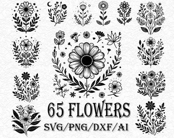 Pacote com 65 flores em SVG, clipart de rosas, arquivos de corte (PNG, DXF, vetor)